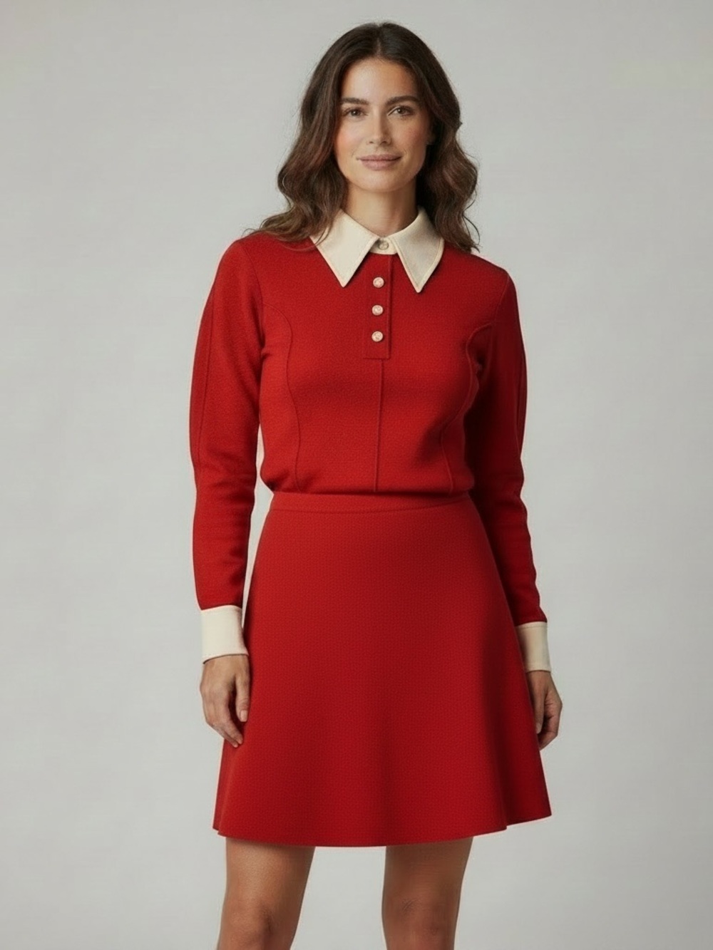 60’s/70’s VINTAGE Red Top w/ Cream Collar & Cuffs & Matching Skirt